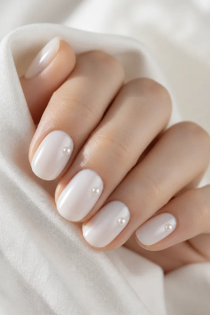 Short oval nails painted in pearly milky white. On each nail, there's one tiny pearl placed near the sidewall at about mid-nail height. Nails are glossy.