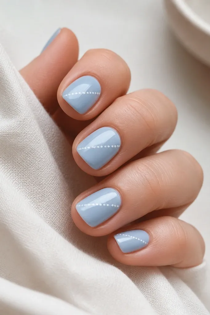 Short nails in a soft milky baby blue. On each nail, there's a diagonal line of tiny white dots like a dotted road from lower left toward upper right. Glossy finish.