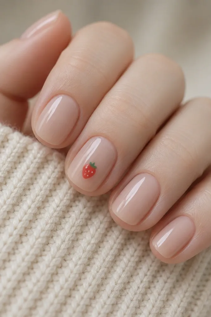 Short nails in glossy nude. One accent nail has a tiny strawberry drawn near the center: a red dot base with a small green top, and a couple tiny white highlight dots. Other nails are plain nude.