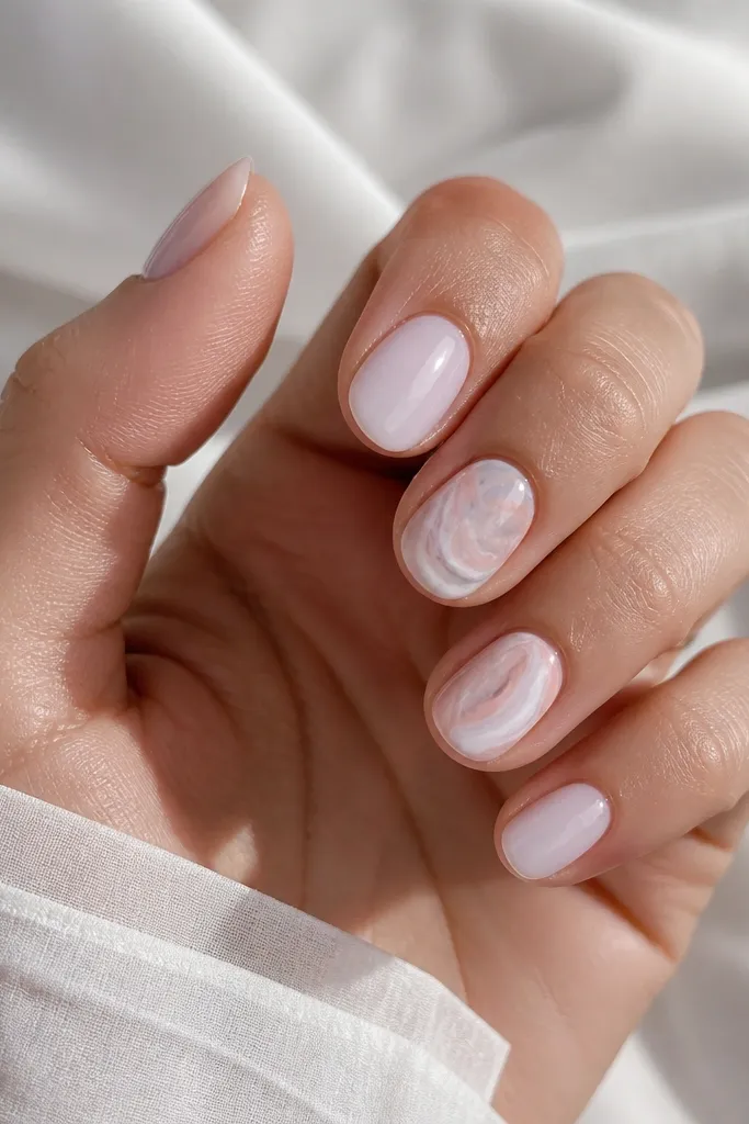 Short oval nails with milky pink base. On two nails, there's a thin rose quartz swirl in light gray and pale pink, like marbling. Swirls are delicate and centered. Glossy finish.