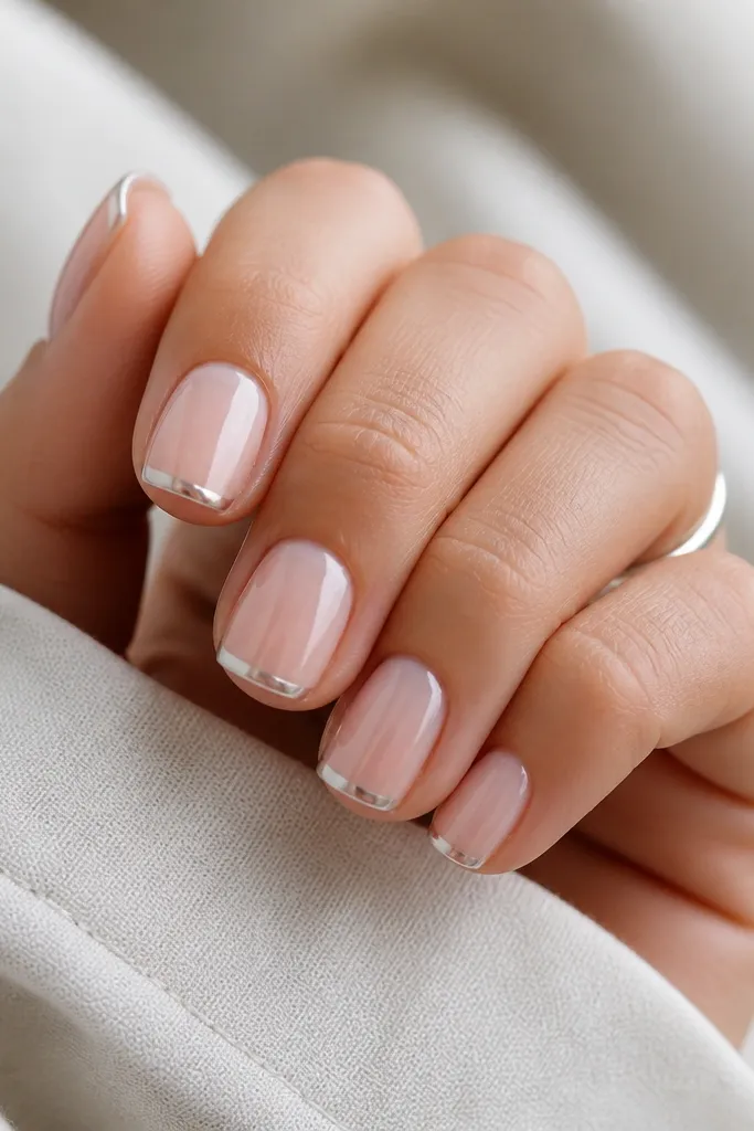 Short squoval nails with classic nude base. At the very tip edge, there's a thin silver line running straight across, like a micro foil border. Glossy finish.
