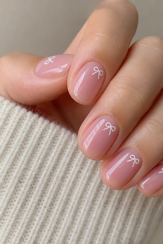 Short oval nails with glossy soft pink jelly. On each nail, a tiny white bow tie sits slightly to one side near the upper half of the nail, not centered. The bow loops are small and crisp.
