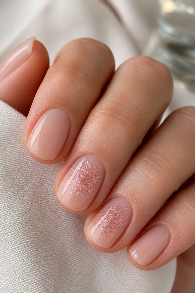 Short nails in glossy glazed donut nude - warm beige-pink. On two nails, there are fine pink sugar-like specks concentrated toward the center and fading out. Other nails are plain glossy nude.