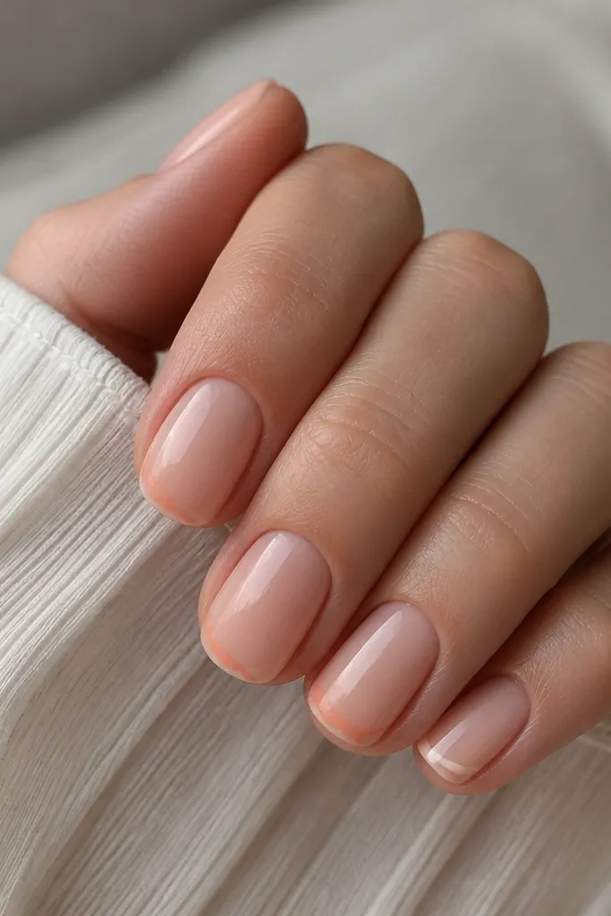 Short nails in glossy peachy nude. Each nail has a diagonal micro French tip in a slightly deeper peach, angled from one corner to the opposite tip. The diagonal line is thin and clean.