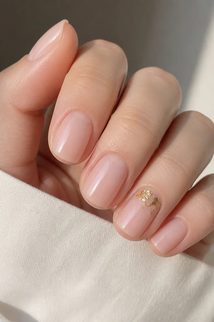 Short oval nails in milky pink. On one accent nail, gold foil pieces sit in the top corner near the cuticle, like broken foil confetti. The foil is irregular but sealed flat. Glossy finish.