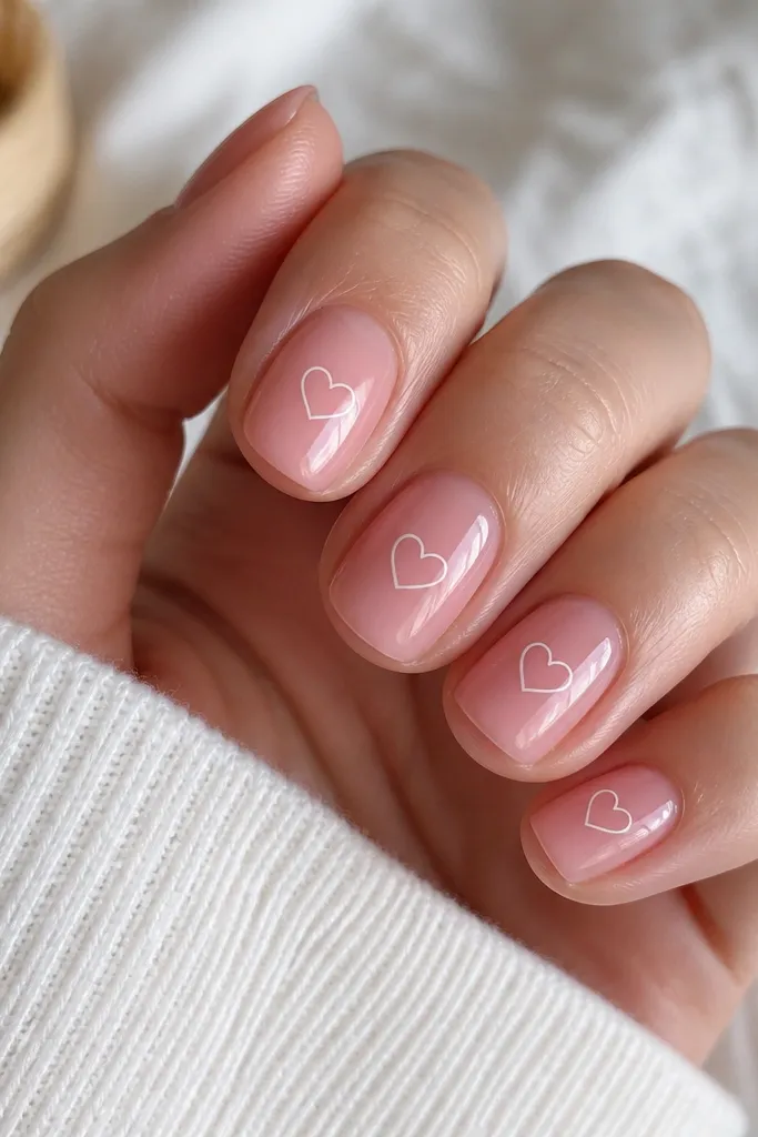 Short nails with sheer pink base and glossy finish. On each nail, there's a tiny white heart outline drawn near the center third, not filled in. The outlines are thin and neat.