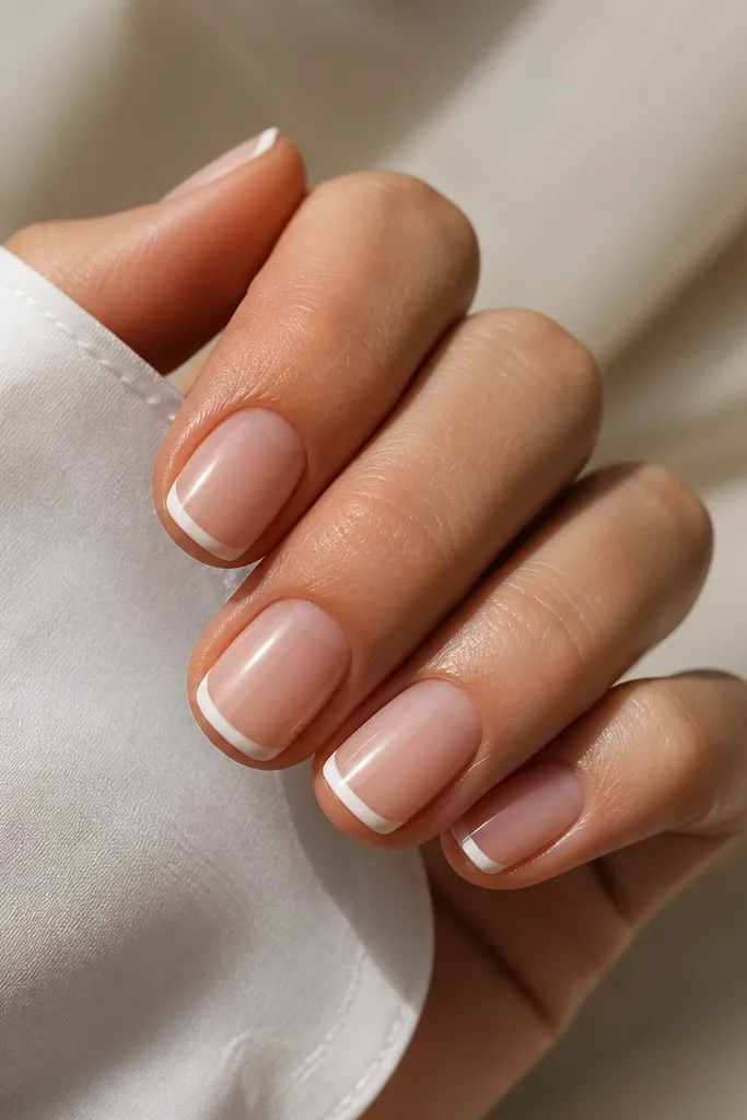 Short squoval nails with nude base. The white French is very thin and shaped like a micro smile across the very tip. Each nail has a crisp line, glossy finish.