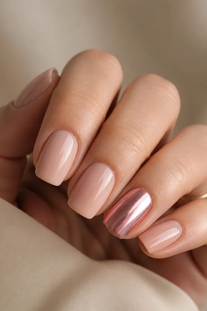 Short oval nails with glossy rosy nude base. On the ring finger, the nail has a rosy chrome overlay from mid-nail to the tip, leaving the base untouched. Other nails are plain. Glossy finish.