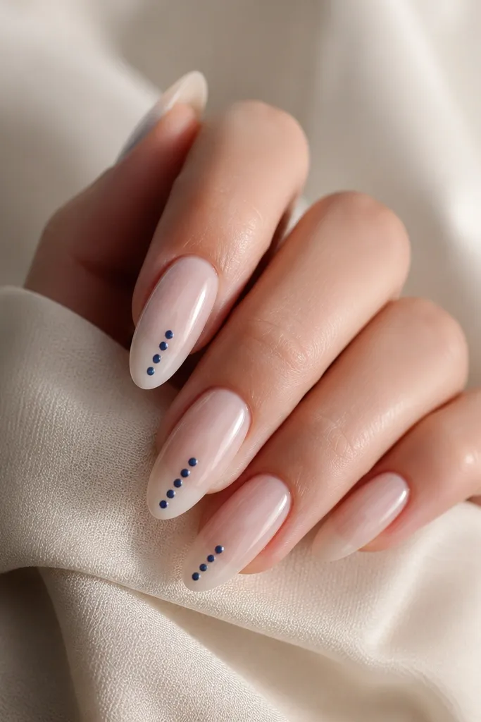 Short nails in glossy milky nude. On each nail, there's a vertical ladder of 4-5 tiny blue dots in the center third, spaced evenly from near the cuticle down toward the tip. Glossy finish.