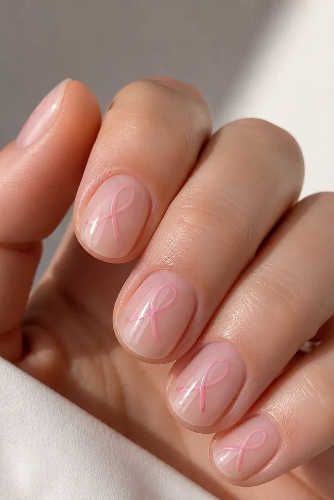 Short nails with clear jelly base and glossy finish. On each nail, two thin pink ribbon lines curve slightly and meet near the center, like a looping ribbon. Lines are delicate and semi-sheer.