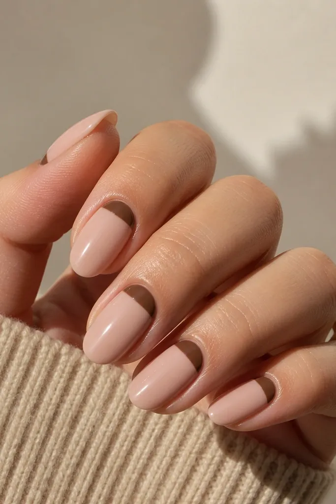 Short nails painted a glossy warm milk-brown. The cuticle area has a clean half-moon in a creamy nude, like a French cutout, with the rest of the nail in chocolate brown. One accent nail has the half-moon slightly higher.
