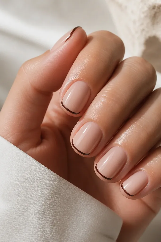 Rounded-square short nails with a sheer nude base. The tips have a very thin line of dark espresso-brown, about 1 mm wide, with the line slightly rounded at the corners. Everything is glossy and clean.