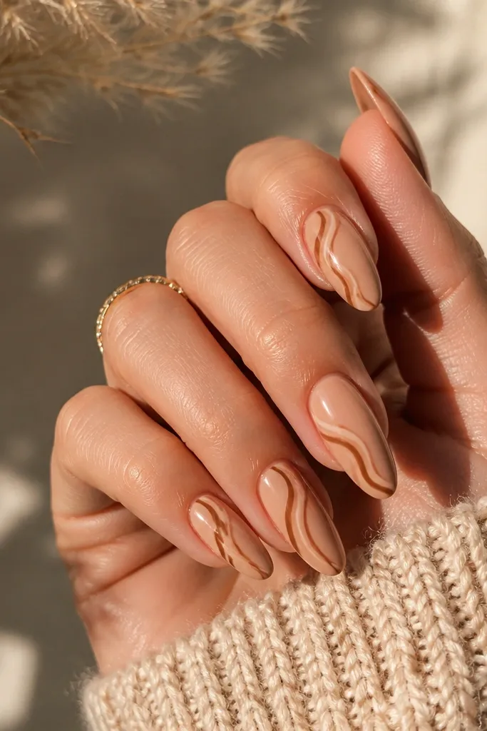Short nails in a nude-brown base with a single accent nail showing a cinnamon-brown swirl. The swirl has a creamy white highlight line running through it, and the rest of the nails are plain glossy nude-brown.