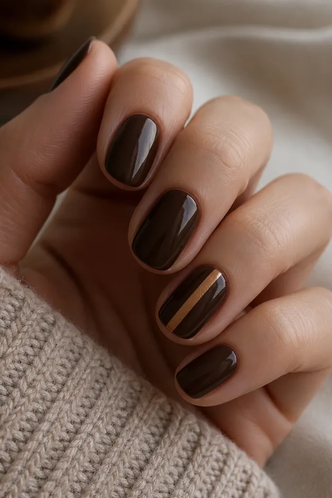 Short oval nails painted glossy deep cocoa brown. On the ring finger, there is a single vertical bronze metallic stripe centered from near the cuticle to about 2/3 down the nail. Other nails are solid cocoa.