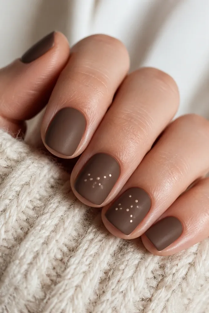 Short nails painted matte mocha brown. On two nails, there are tiny dots in a lighter cream color arranged like a small constellation near the center. The rest are plain matte.