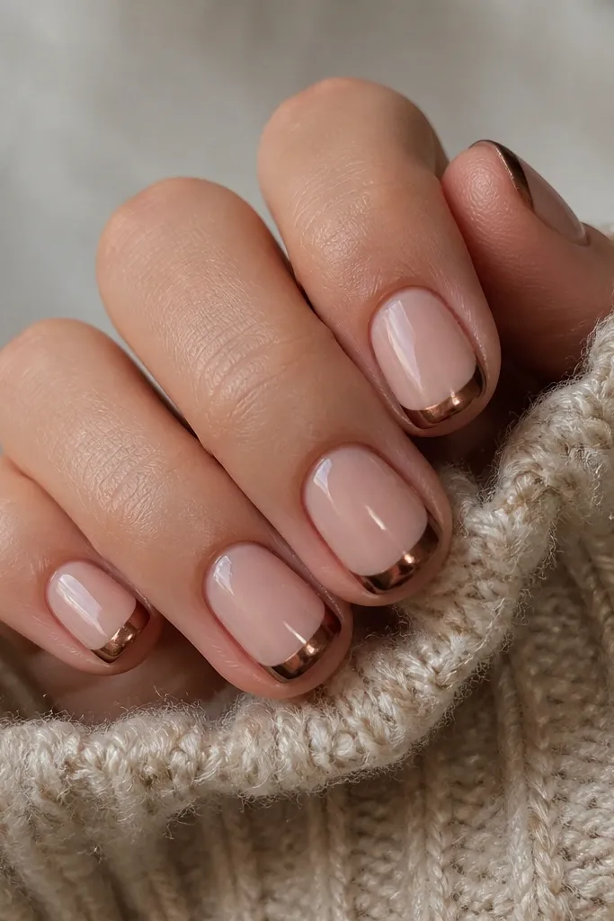 Short rounded nails with a sheer nude base. The tips are coated in a chocolate-brown chrome powder that shifts from dark brown to copper when light hits. The rest of the nail is glossy and clean.