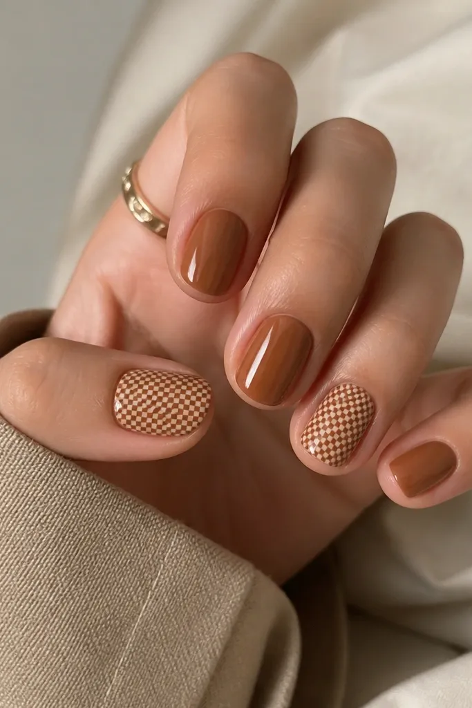 Short nails in glossy caramel-brown. On the ring finger and thumb, there is a mini check pattern in lighter beige and caramel, with tiny squares about the size of a pinhead. Other nails stay solid caramel.