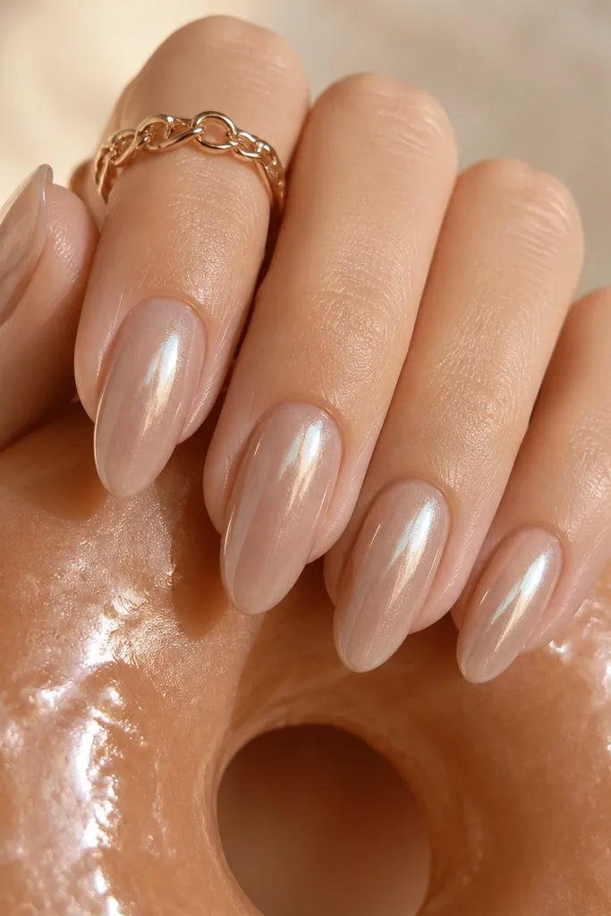 Short nails in a creamy nude-brown base with a glossy, slightly pearly glaze effect. On each nail, there's a thin, lighter brown arc line near the cuticle, like a donut glaze ring.