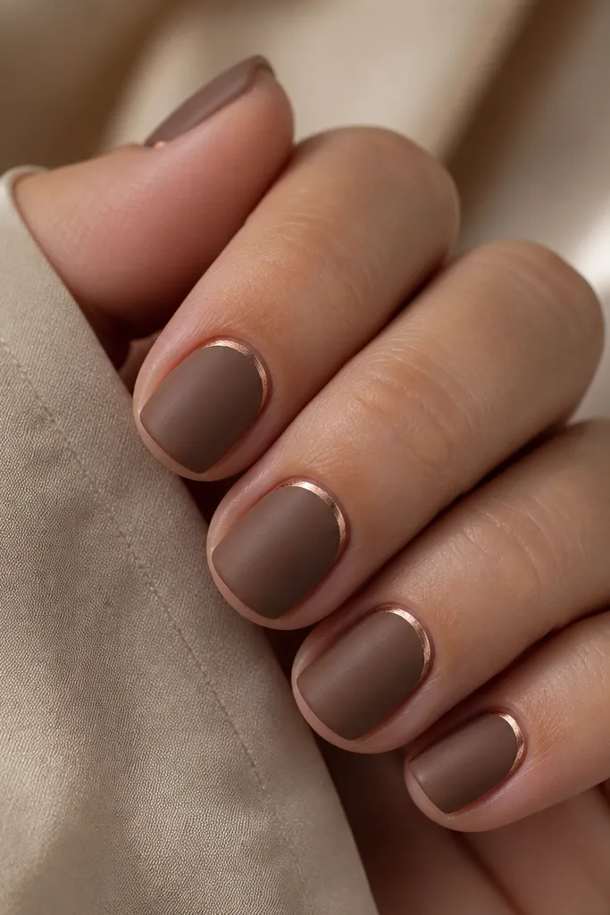 Short nails in satin-matte medium brown. The cuticle area has a thin ribbon of warm rose-gold foil or metallic tape, following the curve of the cuticle. The rest of the nail stays plain.