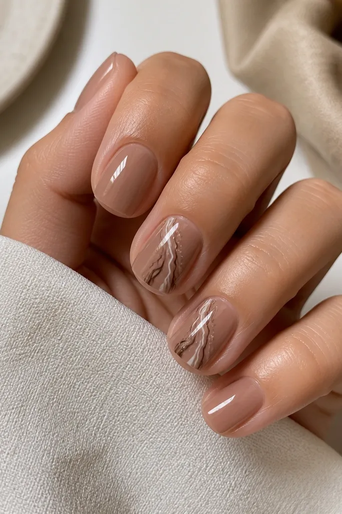 Short nails painted a translucent nude brown. On two nails, there's a marble swipe effect: thin, windy lines in dark espresso brown and creamy white, with a few tiny dots. The finish is glossy.