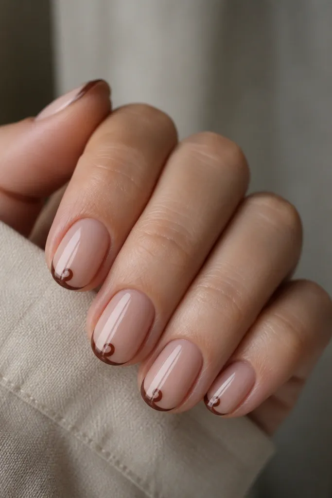 Short nails with a sheer nude base. The tips have a classic French shape in walnut brown, but instead of a straight line, there's a small swirl at the center of each tip. All nails are glossy.