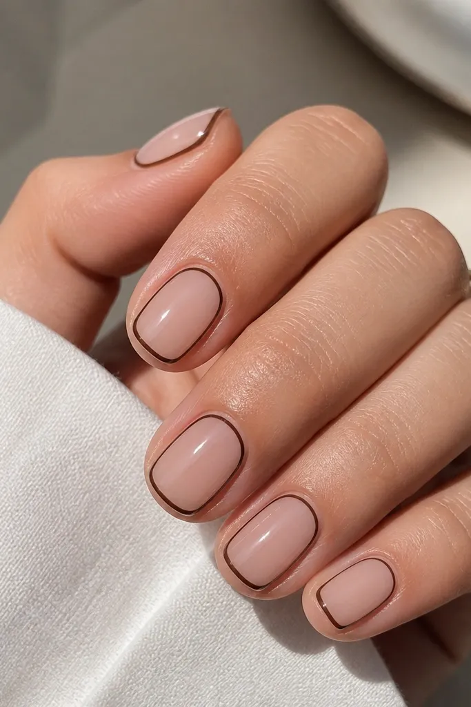 Short nails in a sheer nude base. Each nail has a thin outline drawn around the outer edge, like a hand-drawn border, in dark chocolate brown. The outline sits a few millimeters inside the edges. Glossy finish.