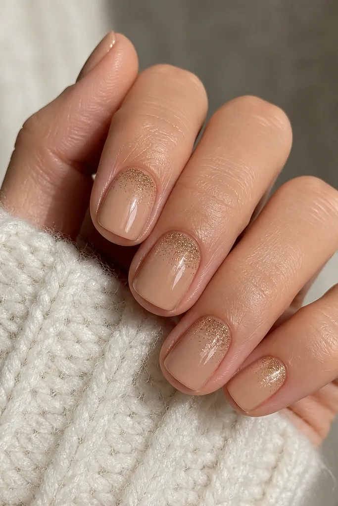 Short nails with a latte nude base. At the cuticle, there's a gradient of warm caramel micro-glitter that fades downward about one-third of the nail. The rest is glossy nude-brown with no glitter.