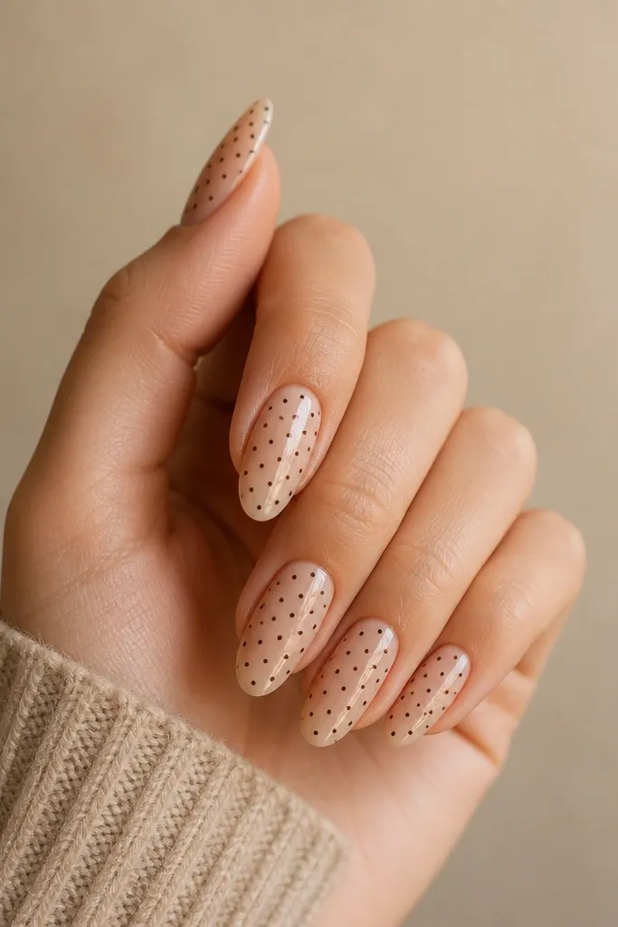Short nails painted sheer nude. On two nails, there's a tiny grid of espresso-brown dots arranged in three rows and three columns. The dots are evenly spaced, with glossy finish on all nails.