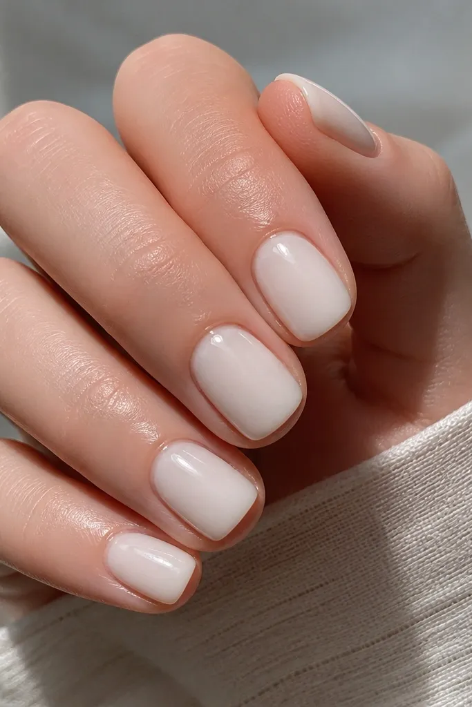 Five short nails in a soft milky white shade, evenly opaque but still translucent, with a mirror-gloss finish and rounded edges; no art except a tiny shine near the cuticle.