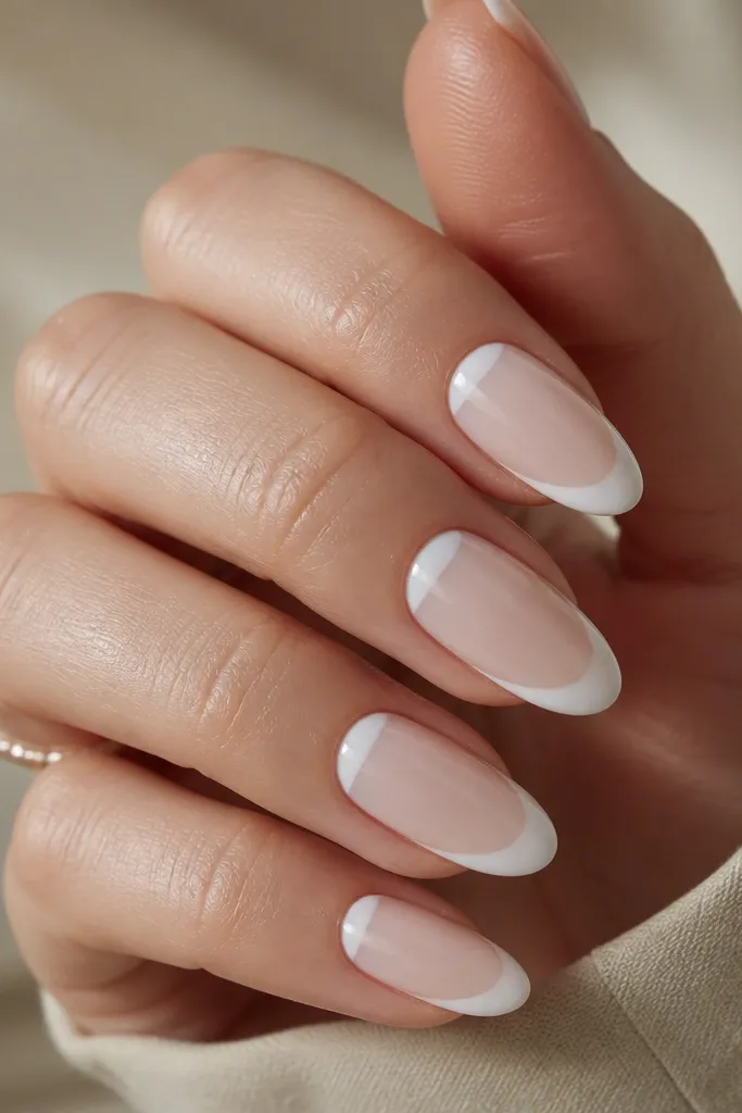 Short nails with a milky white French tip that fades into the nail, plus a faint half-moon at the cuticle that matches the milky shade; glossy finish throughout.