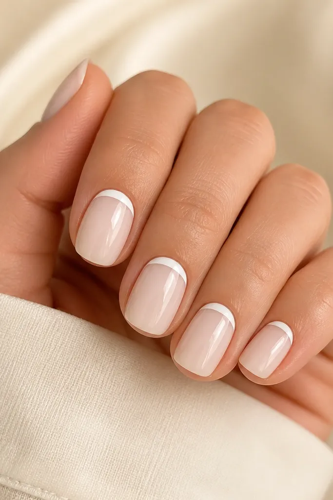 Short nails with a milky white band across the cuticle area, leaving the rest of the nail sheer nude; the band curves with the cuticle and looks glossy.