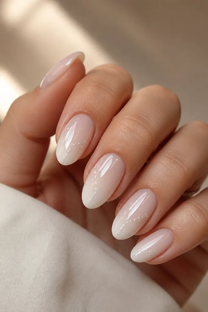 Short nails in sheer milky white with a tiny cluster of 3-5 dots in soft pearly white on the ring finger near the center; other nails are plain and glossy.