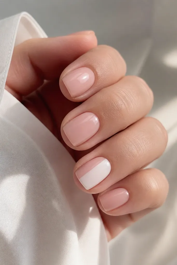 Short nails with a nude-pink base; one accent nail has milky white covering only the outer half (from sidewall to center line), with a clean vertical boundary.