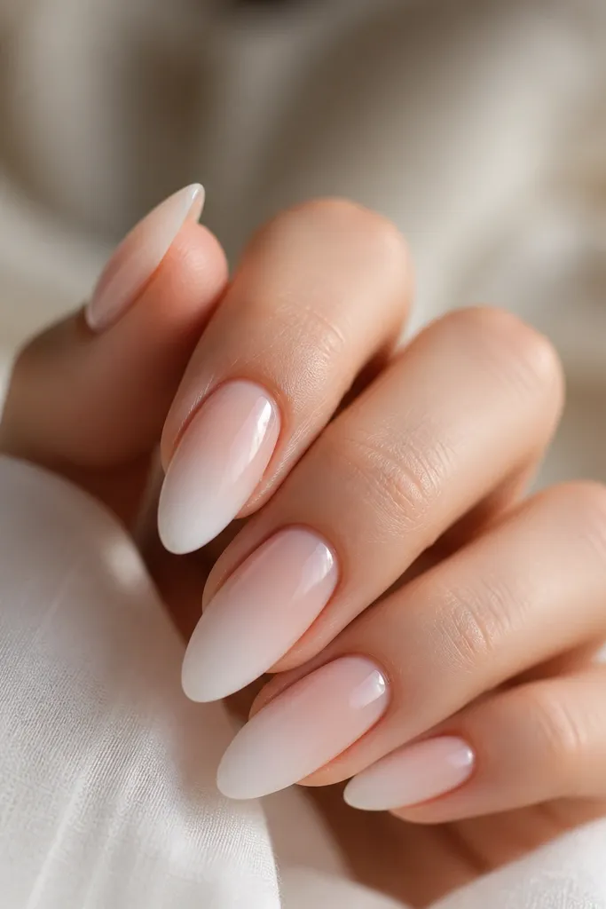 Short nails with a smooth milky white ombré at the tips that fades into a translucent nude base; glossy and cloudy-looking.