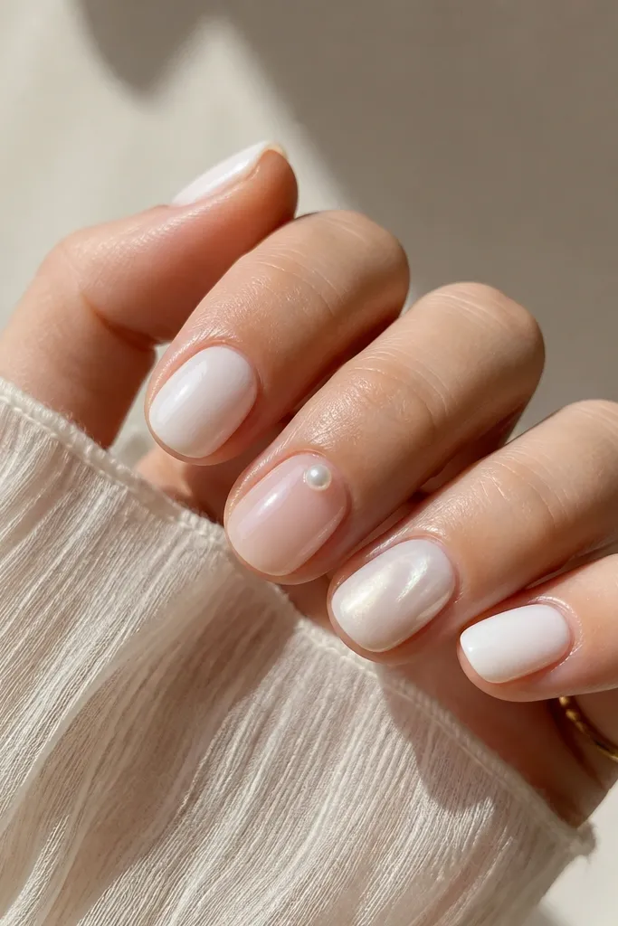 Five short nails: three are solid milky white, one is sheer milky with a tiny pearl at the cuticle, and one is milky with a faint diagonal sheen; all are glossy.