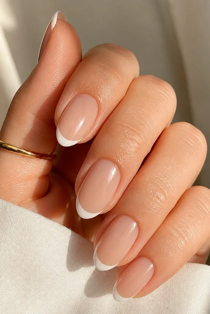 Short nails with extremely thin milky white tips, like a whisper of French, with a crisp curved edge; glossy finish.
