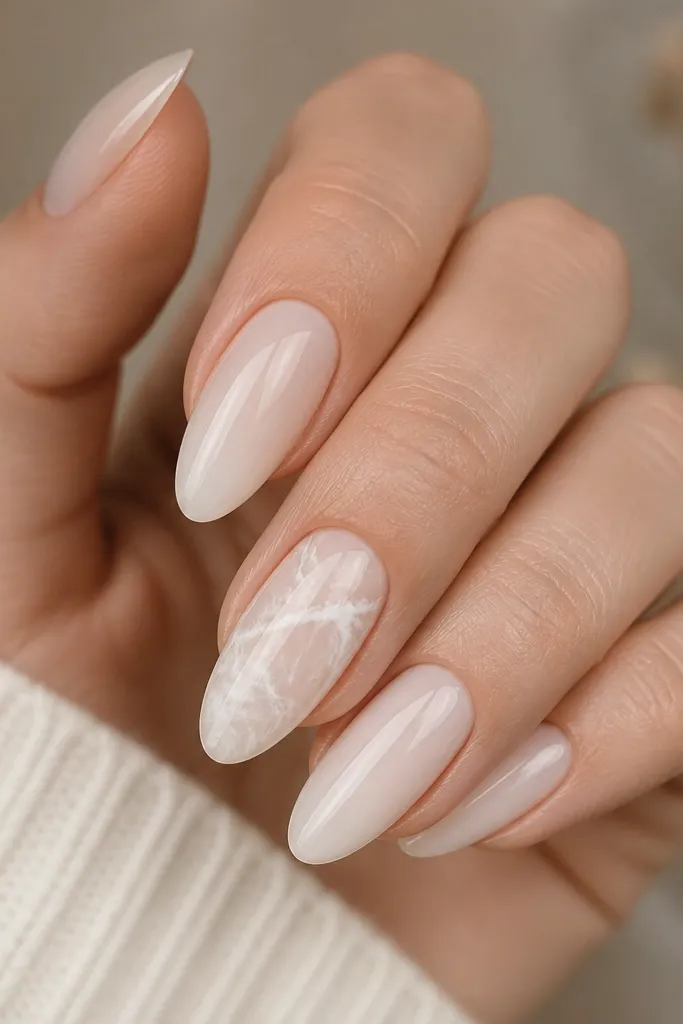 Short nails with a milky white base; on the ring finger, faint gray and pale blue marble veining runs diagonally; rest of nails are solid milky with gloss.