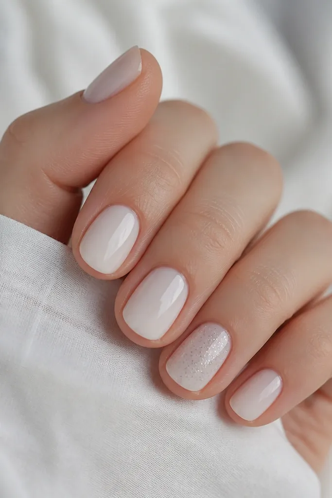 Short nails in milky white; on one accent nail there are scattered micro specks of silver glitter like star dust near the center; glossy top coat.