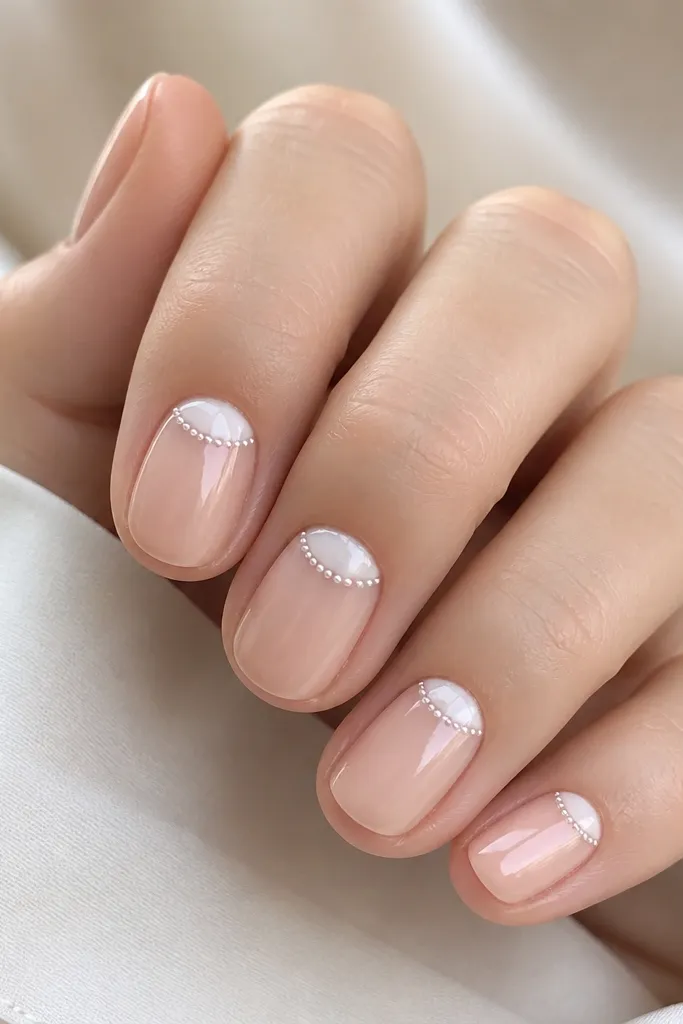 Short nails with sheer nude base; a milky white half-moon at the cuticle is outlined with a fine pearl-like dot line; glossy and clean.