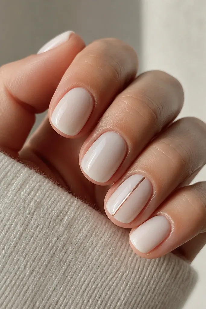 Short nails in milky white; one accent nail has a single thin rose-gold striping line running vertically from near cuticle to near tip; glossy finish.