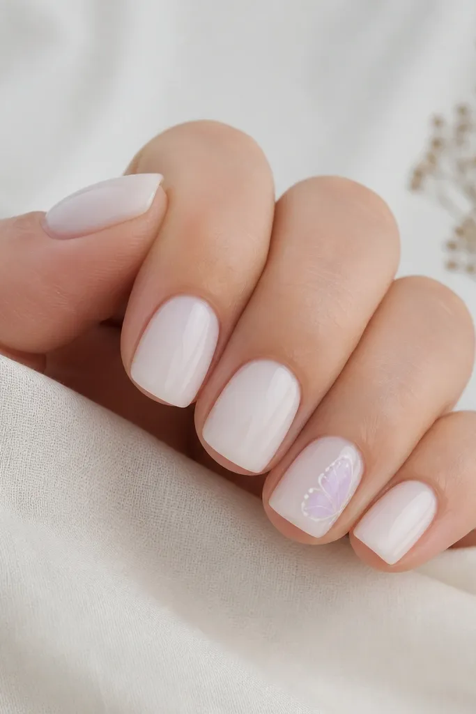 Short nails: four are milky white; one accent nail has a tiny pale lavender butterfly wing outline near the center with fine white dots; glossy.
