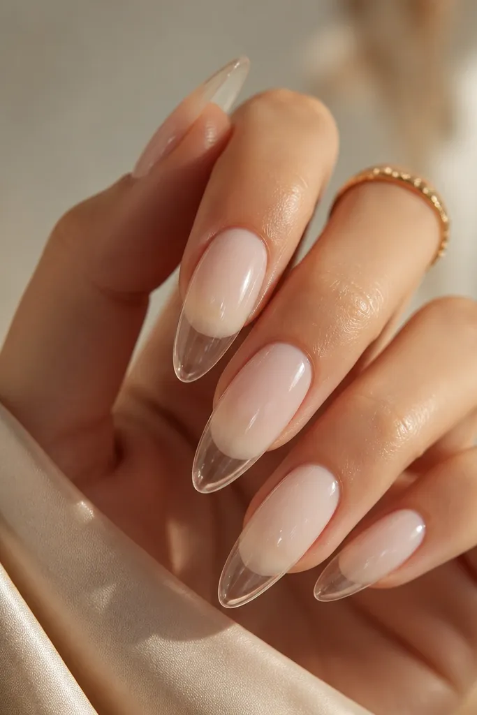 Short nails with milky white starting from mid-nail; the very tip is a clear jelly layer with subtle shimmer, creating a layered look; glossy.