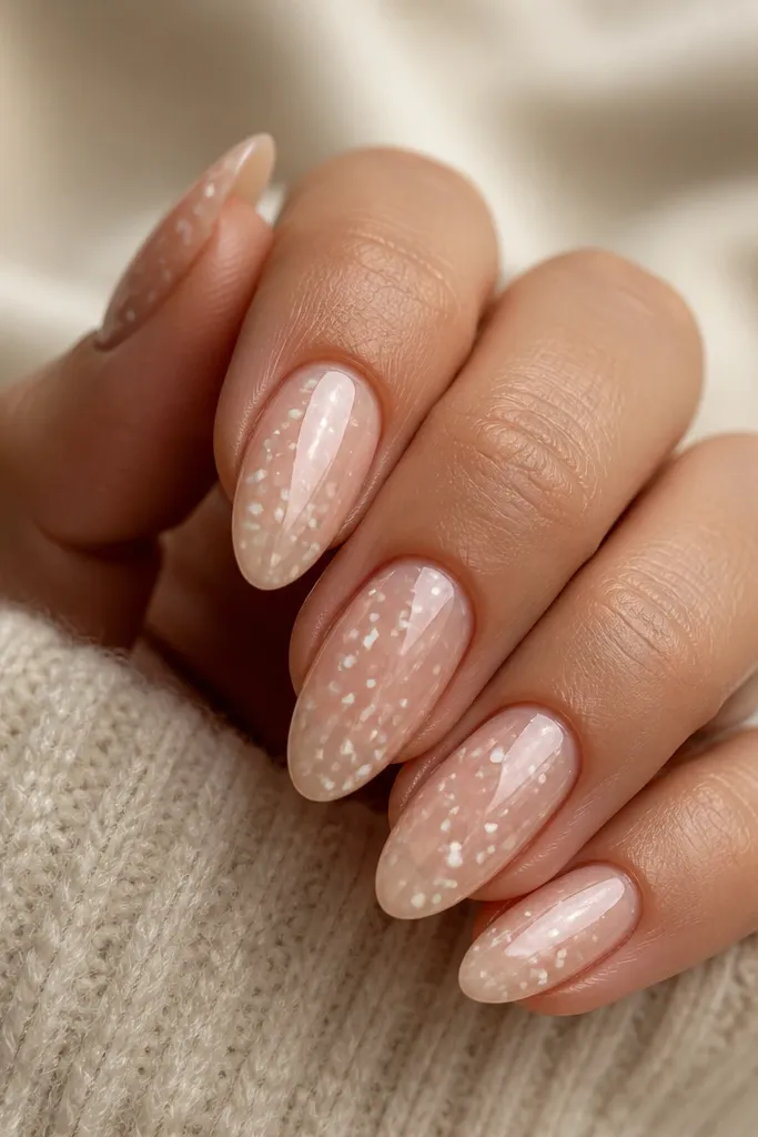 Short milky white nails with tiny scattered specks in pearl nude (tiny dots and flecks) mostly concentrated near the cuticle; glossy finish.