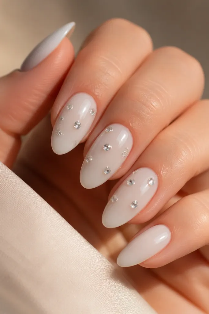Short milky white nails with 2-4 tiny clear crystals on one accent nail near the center; other nails are plain milky and glossy.