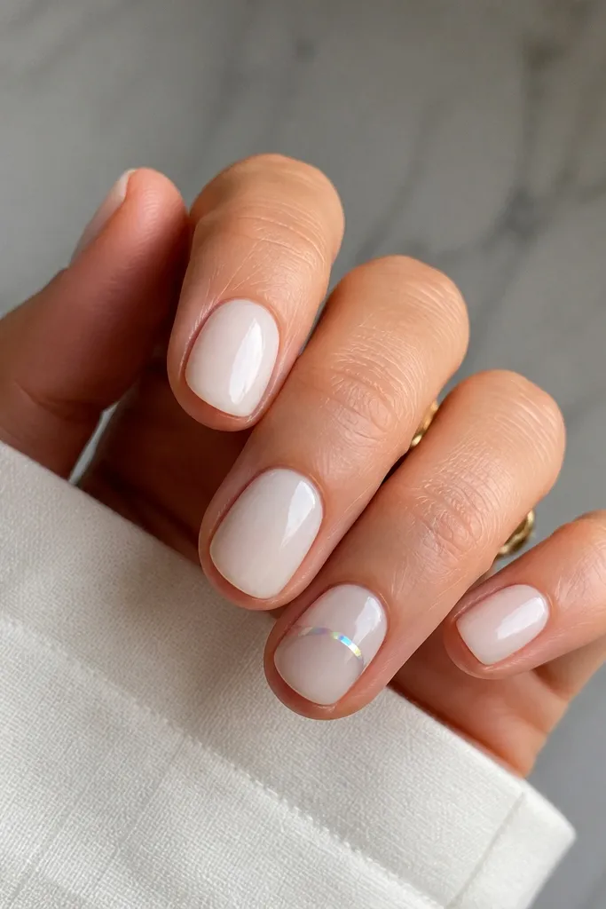 Short nails in milky white; one accent nail has a small chrome arc drawn across the middle, like a thin rainbow-tinted smile; glossy.
