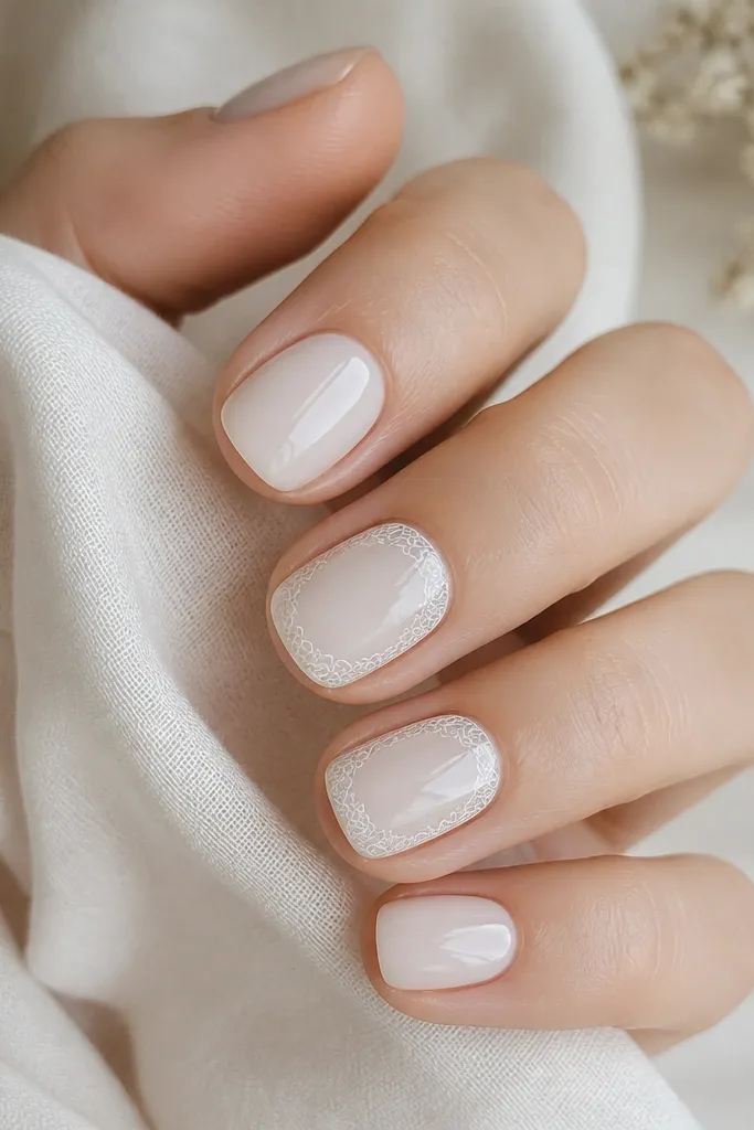 Short nails with milky white base; on two accent nails there's a delicate lace-like outline pattern in soft off-white near the sides; glossy.