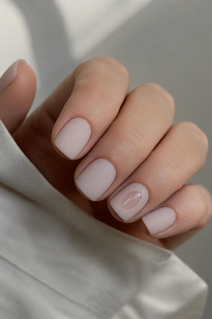 Short nails with a frosted milky white matte finish; on the accent nail, a small glossy oval patch sits at the center, like a clear window; matte rest.