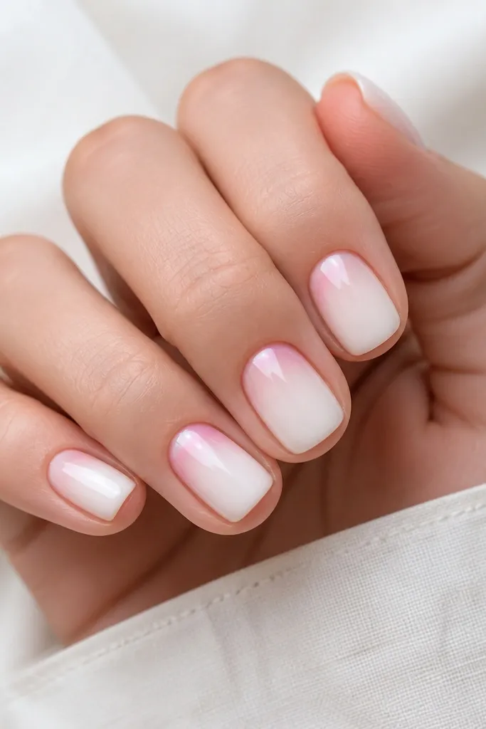 Short nails in milky white; a pale pink wash sits right at the cuticle edge and fades outward, creating a soft glow; glossy finish.