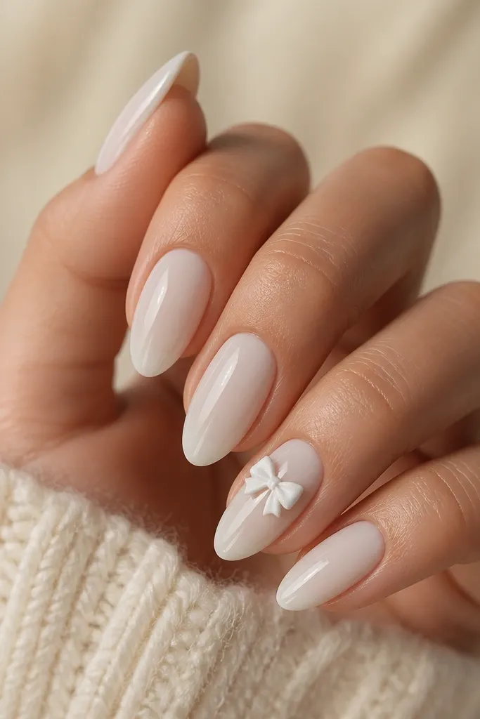 Short milky white nails; one accent nail has a tiny bow made from two small white loops near the center, with a tiny dot in the middle; glossy.