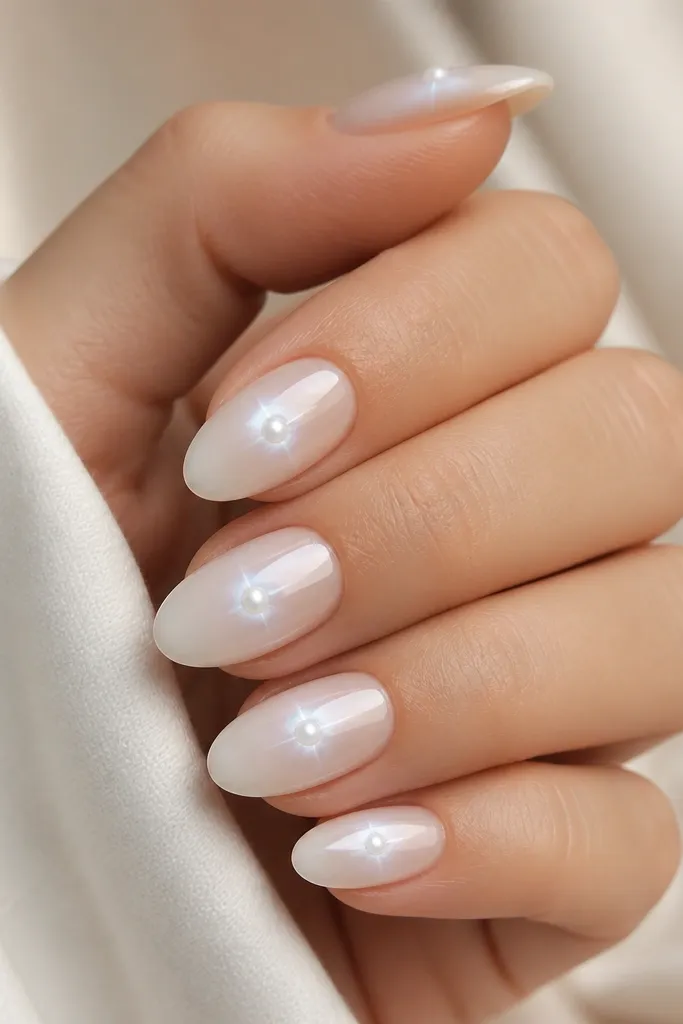 Short milky white nails with a centered pearly dot on each nail and faint pearly glow near both sidewalls; glossy.